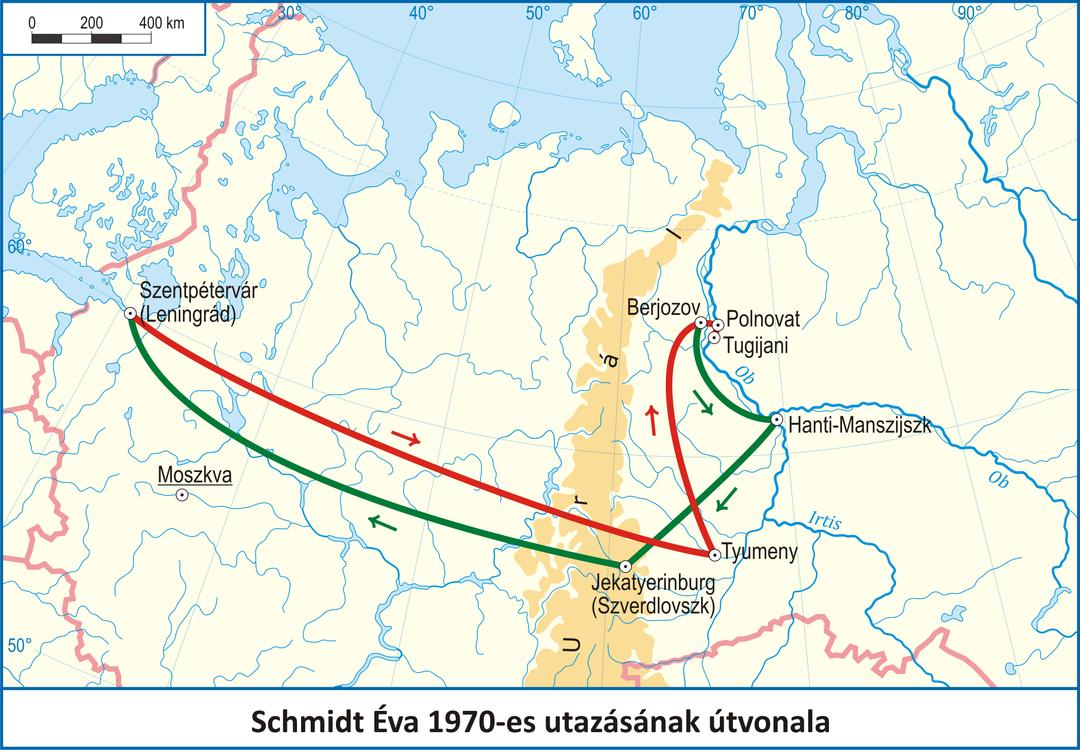 Térkép Schmidt Éva útvonaláról. Összeállította: Gulyás Zoltán